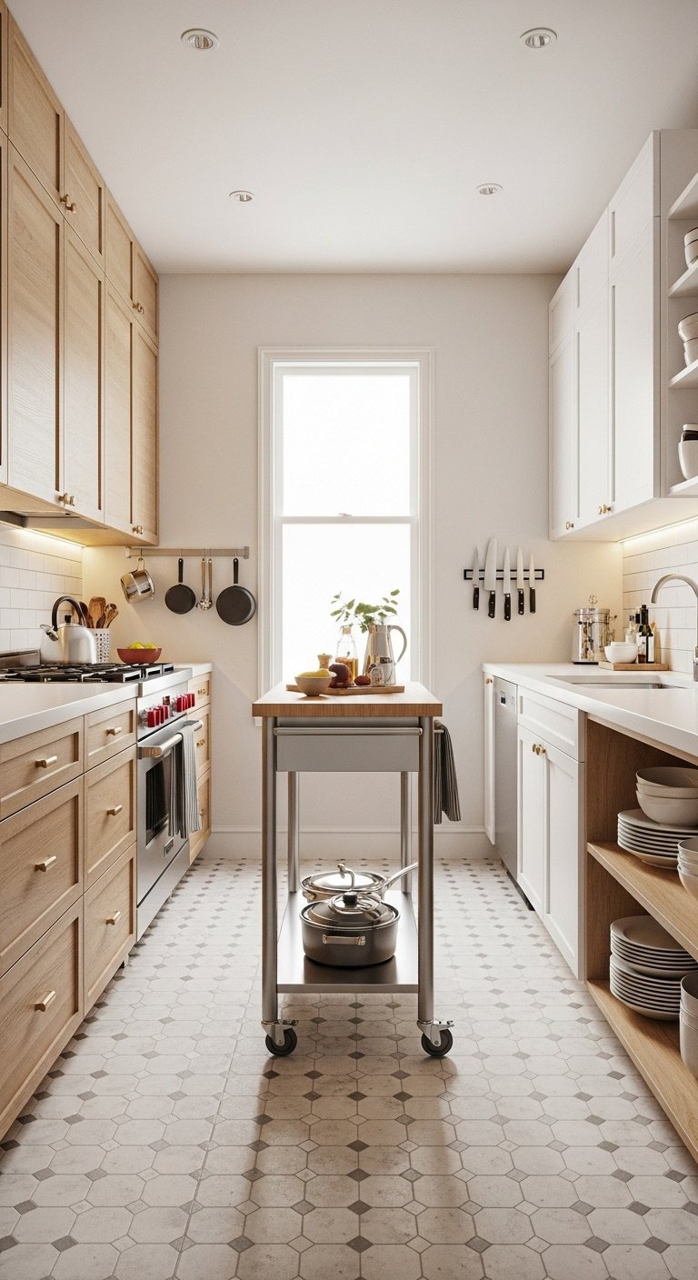 Modern kitchen island layout with L-shaped cabinets seating and built-in appliances