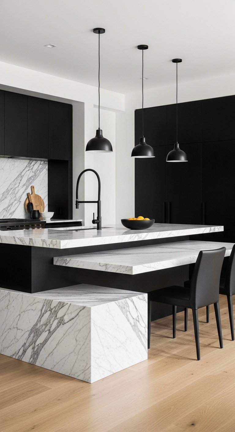 Modern kitchen island table combo with waterfall quartz and wood dining extension in a bright airy space
