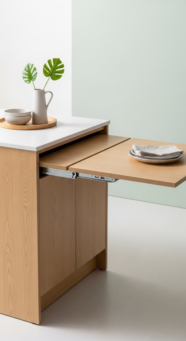 Modern kitchen island table combo with white quartz waterfall and wood dining extension in a bright airy kitchen