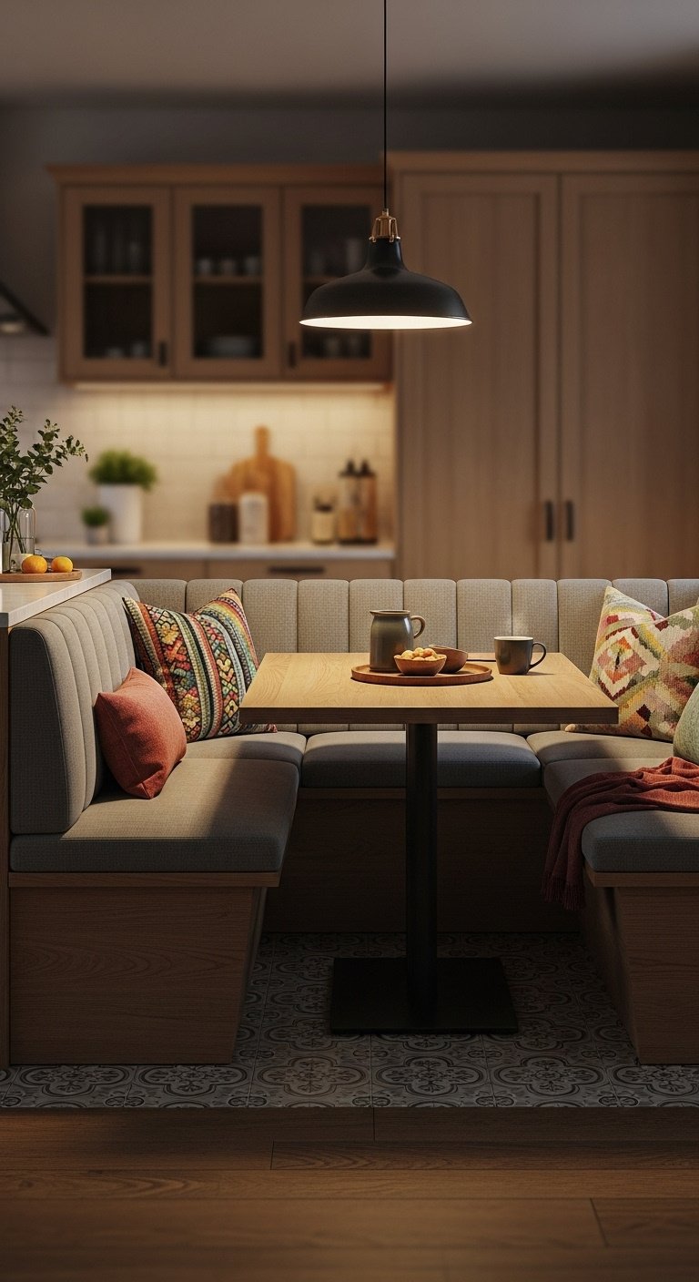 Modern kitchen island table combo with white quartz waterfall and wood dining extension in a bright airy kitchen