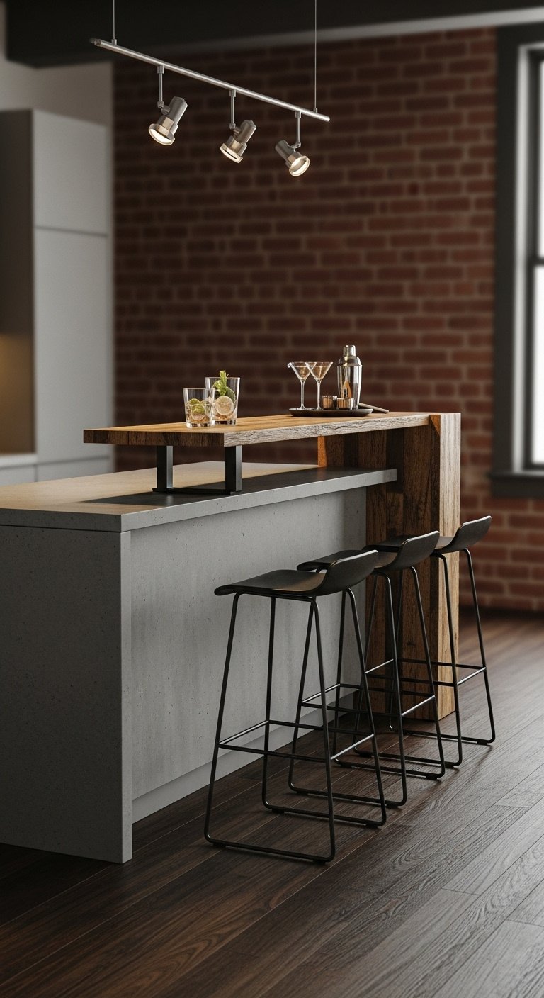 Modern kitchen island table combo with white quartz waterfall and wood dining extension in a bright airy kitchen