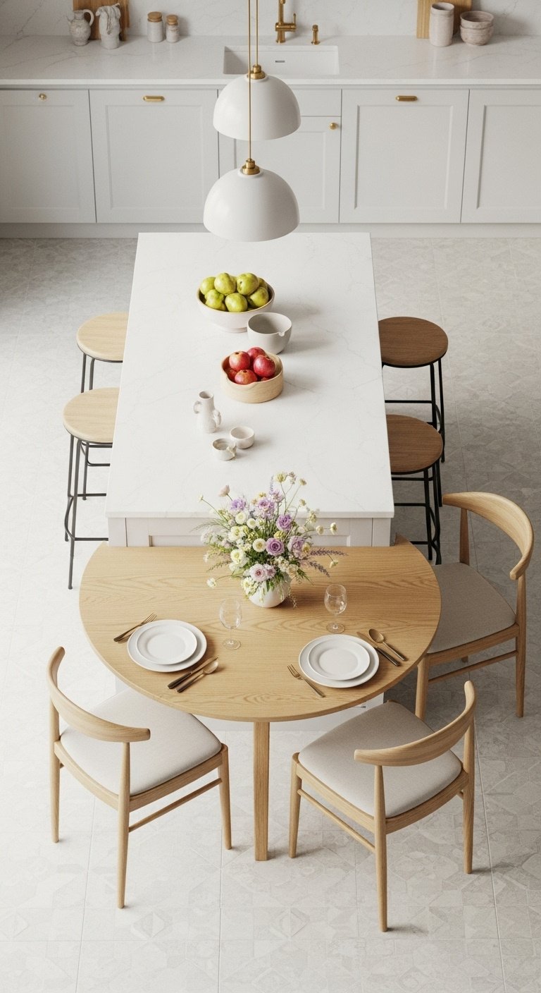 Modern kitchen island table combo with white quartz waterfall and wood dining extension in a bright airy kitchen