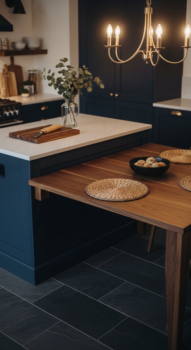 Modern kitchen island table combo with white quartz waterfall and wood dining extension in a bright airy kitchen