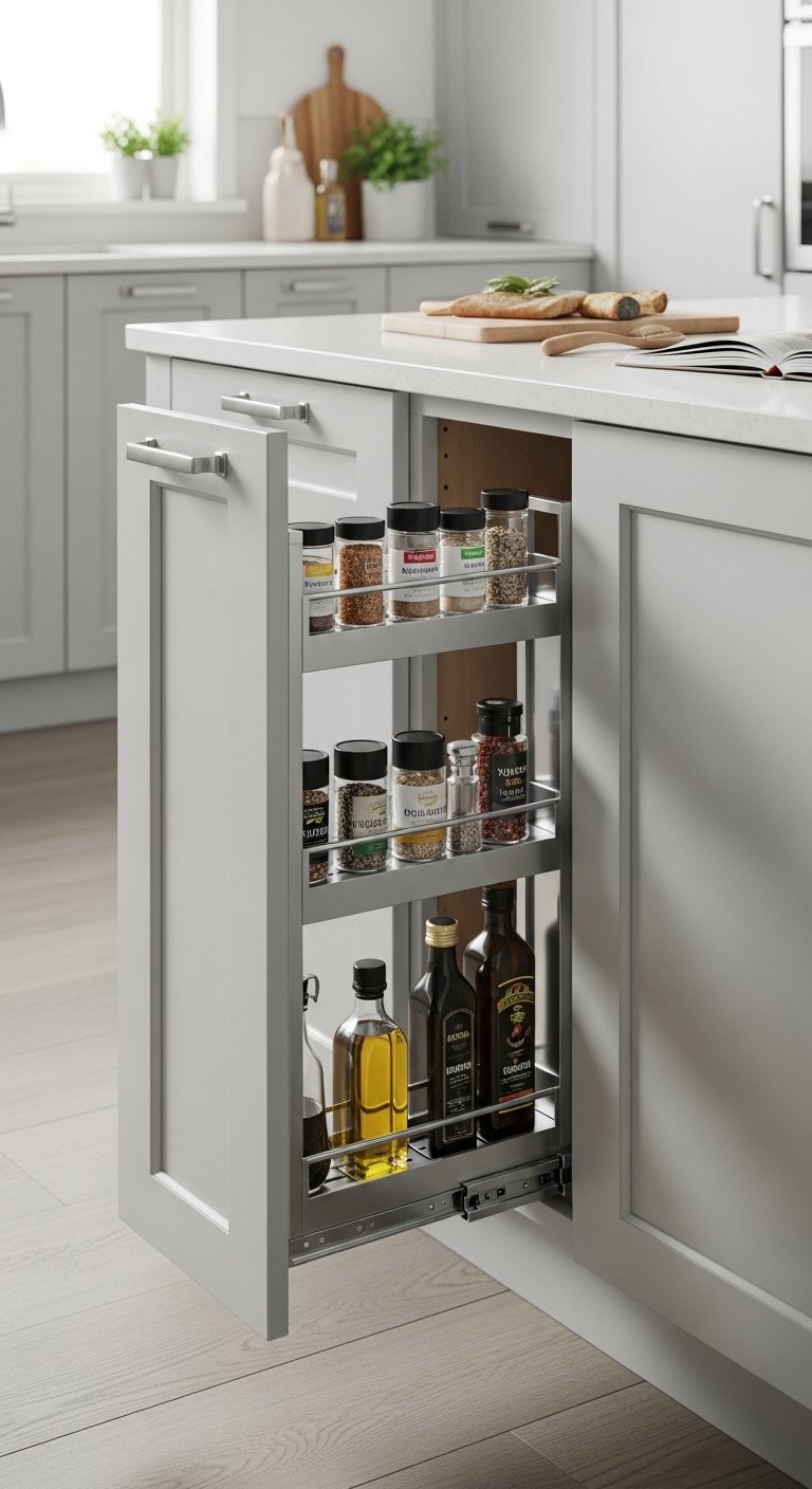 Modern kitchen island with secret pull-out storage revealing organized spices and oils in a spotless kitchen