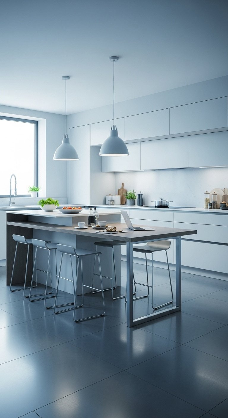 Modern kitchen island with white quartz waterfall seamlessly extending to a wooden dining table in a bright kitchen