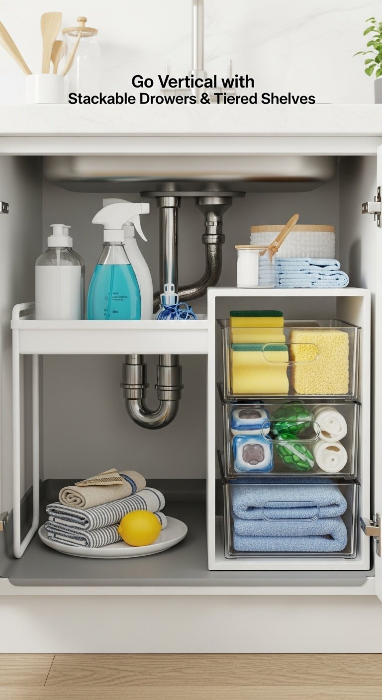 Modern kitchen sink organization with a caddy drying rack and under sink storage solutions