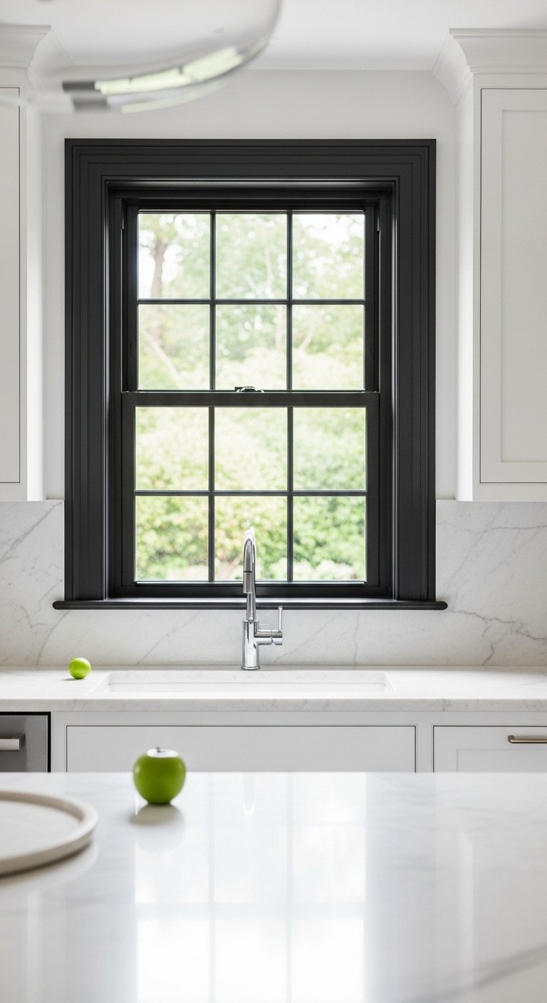 Modern kitchen window with dramatic matte black trim against white walls framing green garden view and chrome faucet