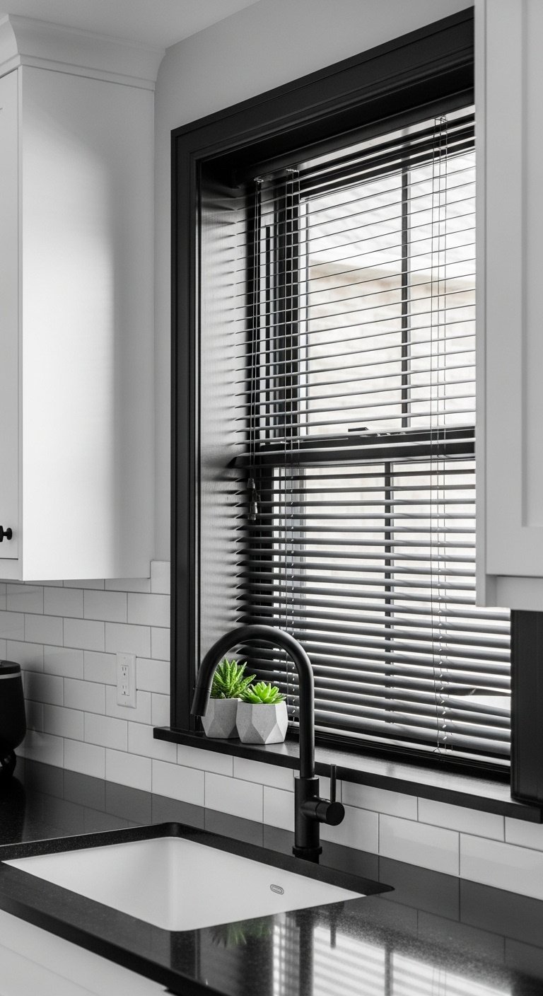 Modern kitchen window with sleek matte black trim and matching Venetian blinds partially open with succulent