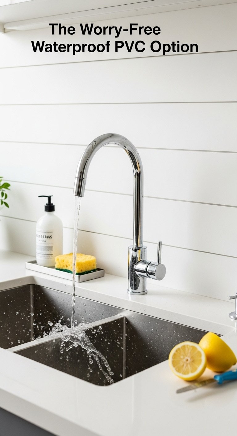 Modern kitchen with a pristine white PVC shiplap backsplash stainless steel sink and bright overhead lighting