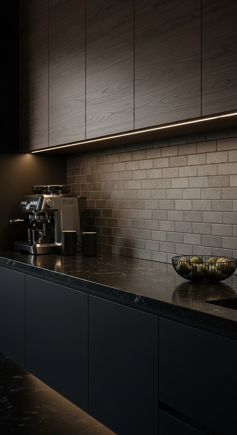 Modern kitchen with a sophisticated gray brick backsplash black granite counter and dark walnut cabinets under warm lighting