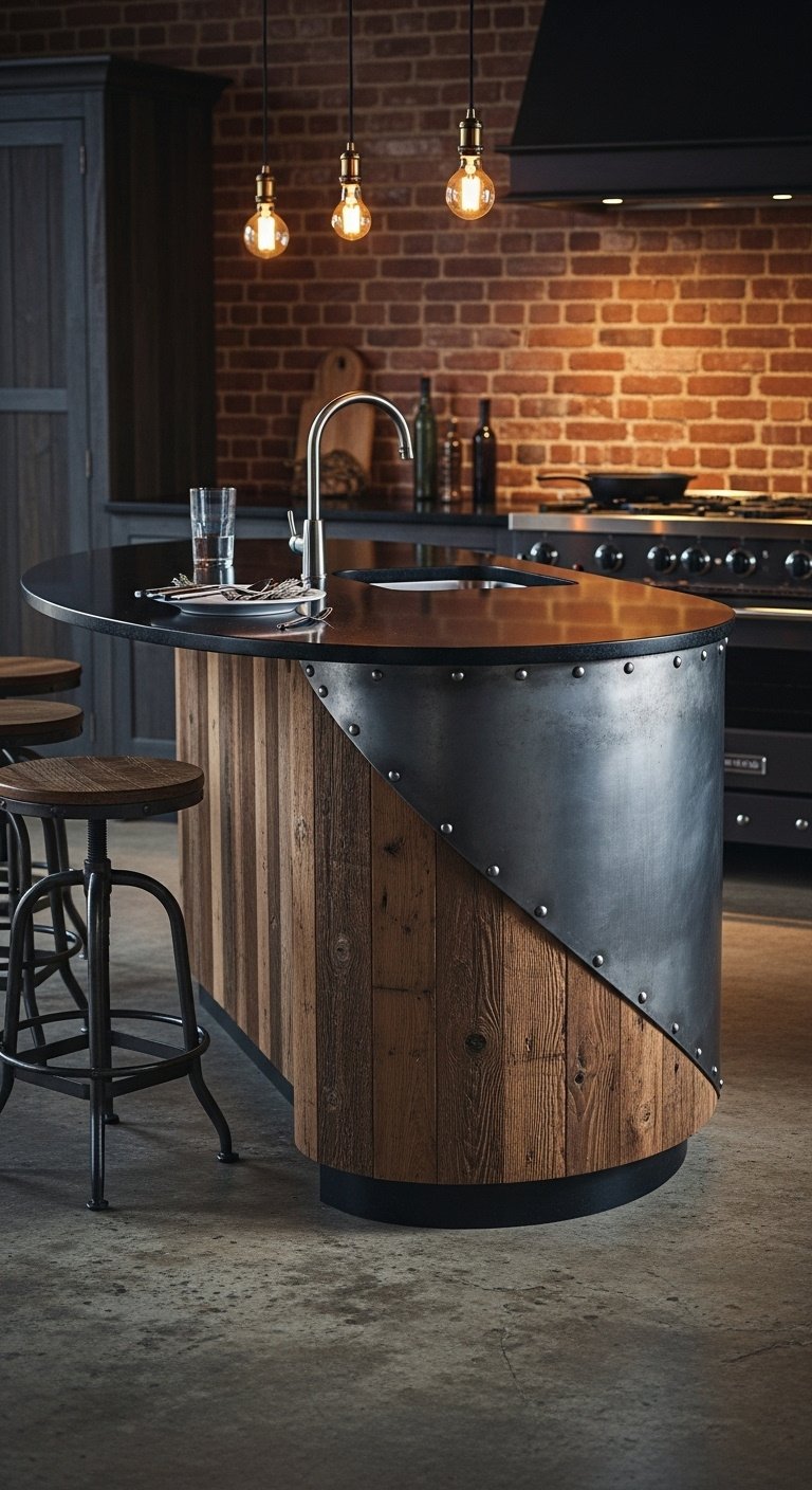 Modern kitchen with curved island white quartz countertop fluted oak base seating and brass pendants
