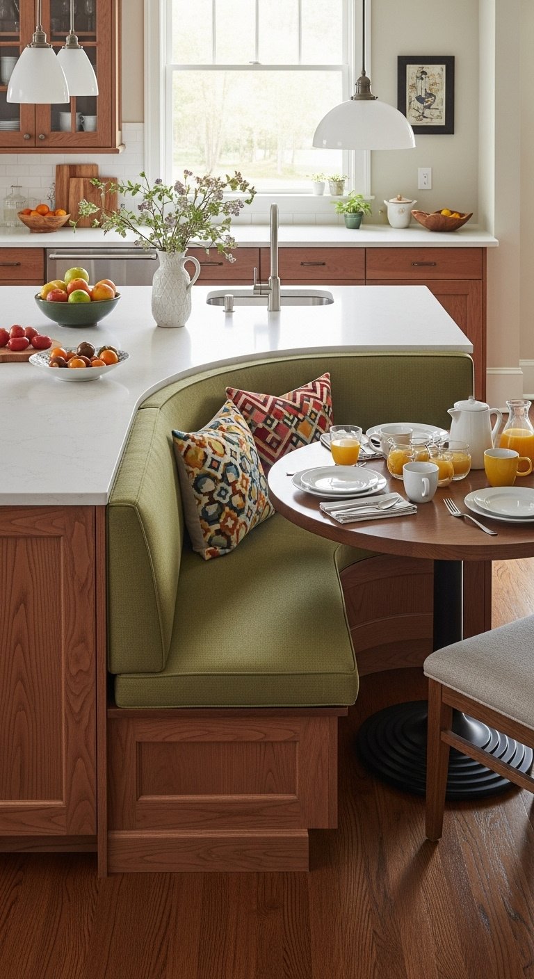 Modern kitchen with curved island white quartz countertop fluted oak base seating and brass pendants