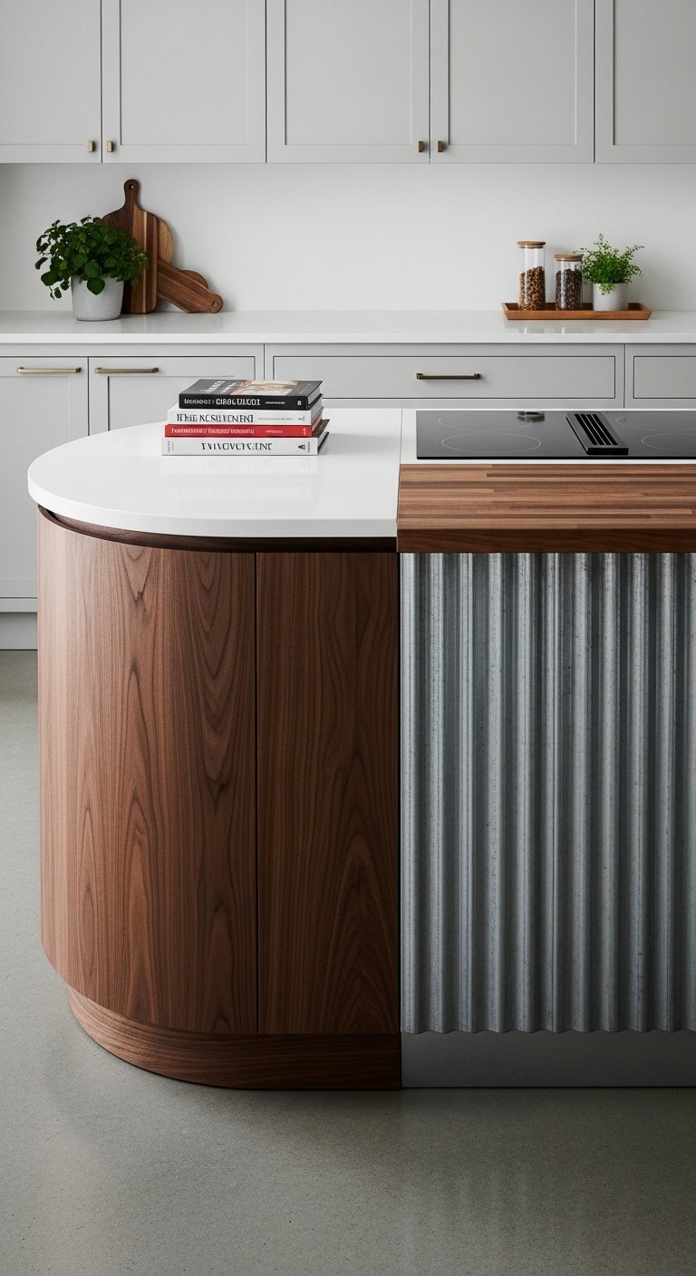 Modern kitchen with curved island white quartz countertop fluted oak base seating and brass pendants