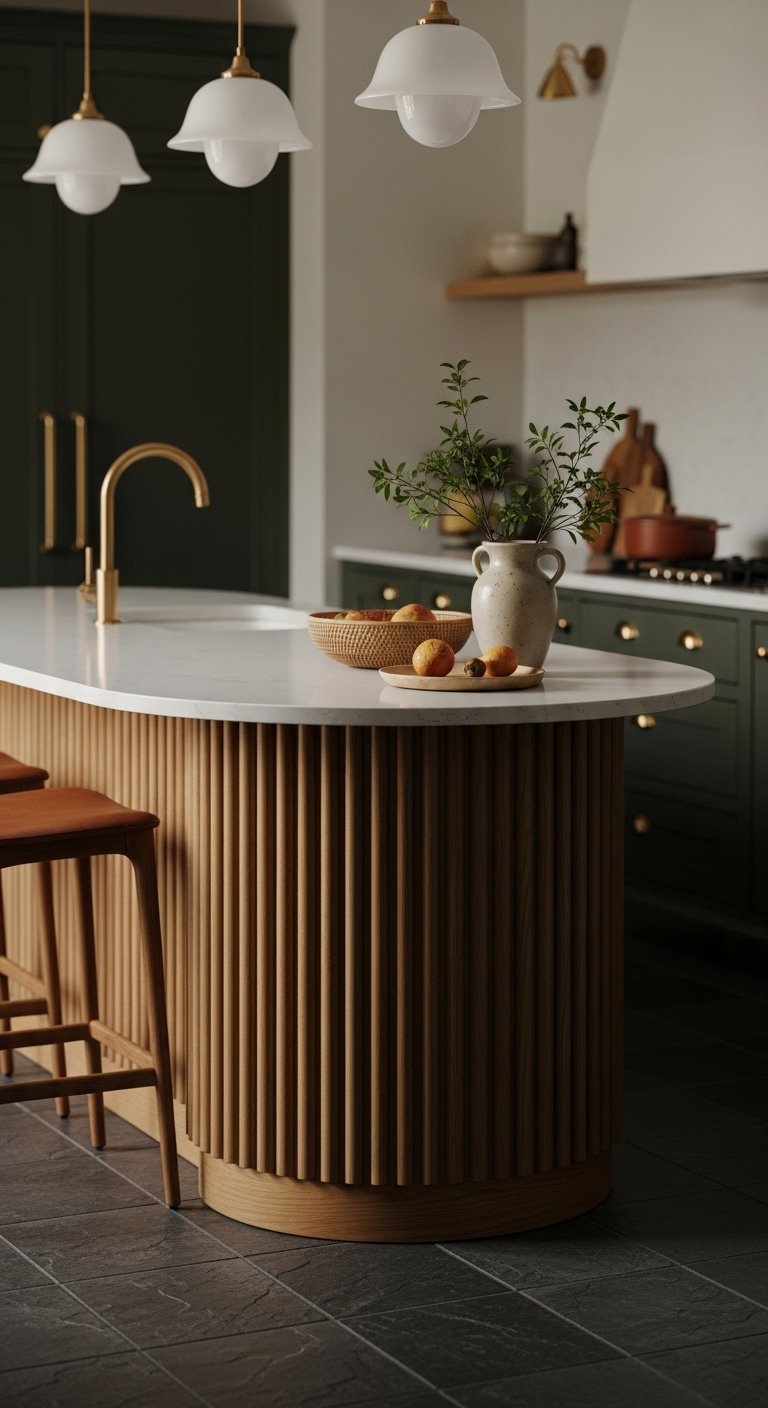 Modern kitchen with curved island white quartz countertop fluted oak base seating and brass pendants