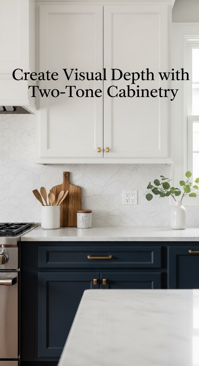 Modern kitchen with elegant two-tone navy blue and white cabinets marble countertop and brass pulls illuminated by soft natural light