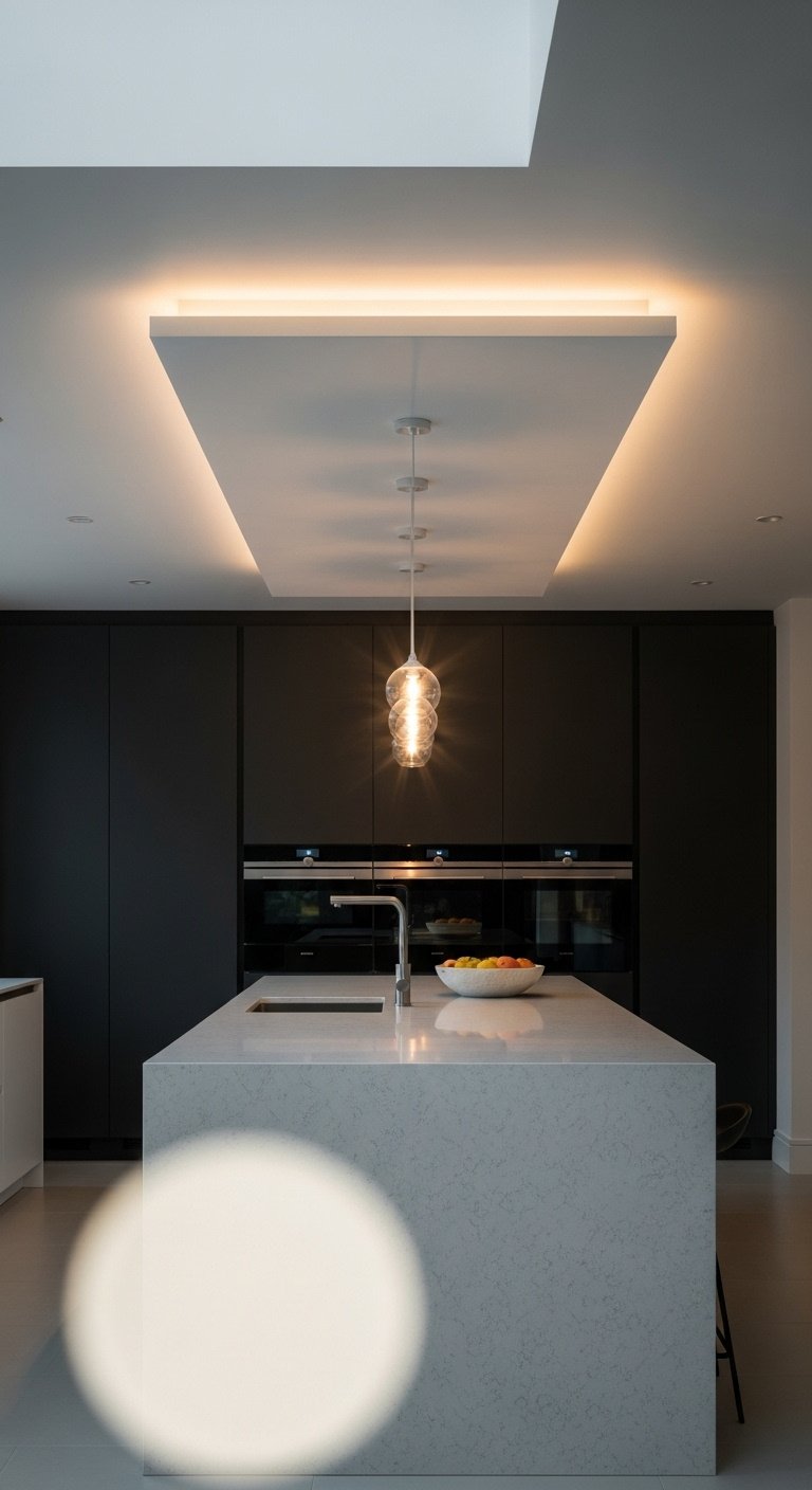 Modern kitchen with rectangular tray ceiling illuminated by hidden LED strip over a quartz island and pendant lights