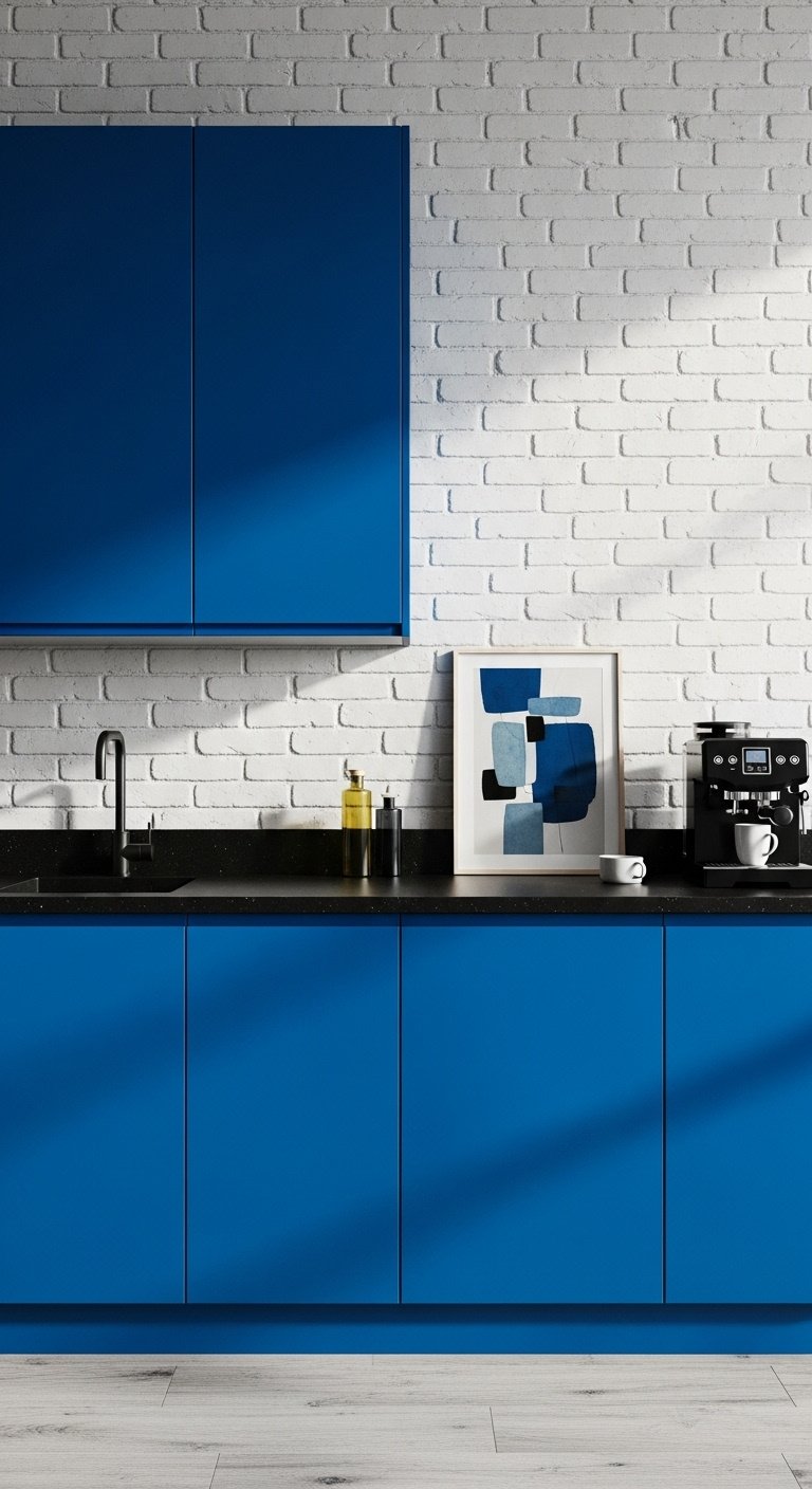 Modern kitchen with vibrant cobalt blue cabinets sleek matte black countertop and white exposed brick wall
