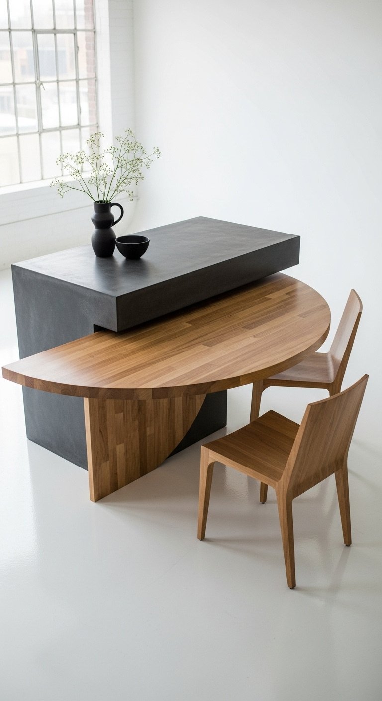 Modern kitchen with white quartz waterfall island extending to wooden dining table