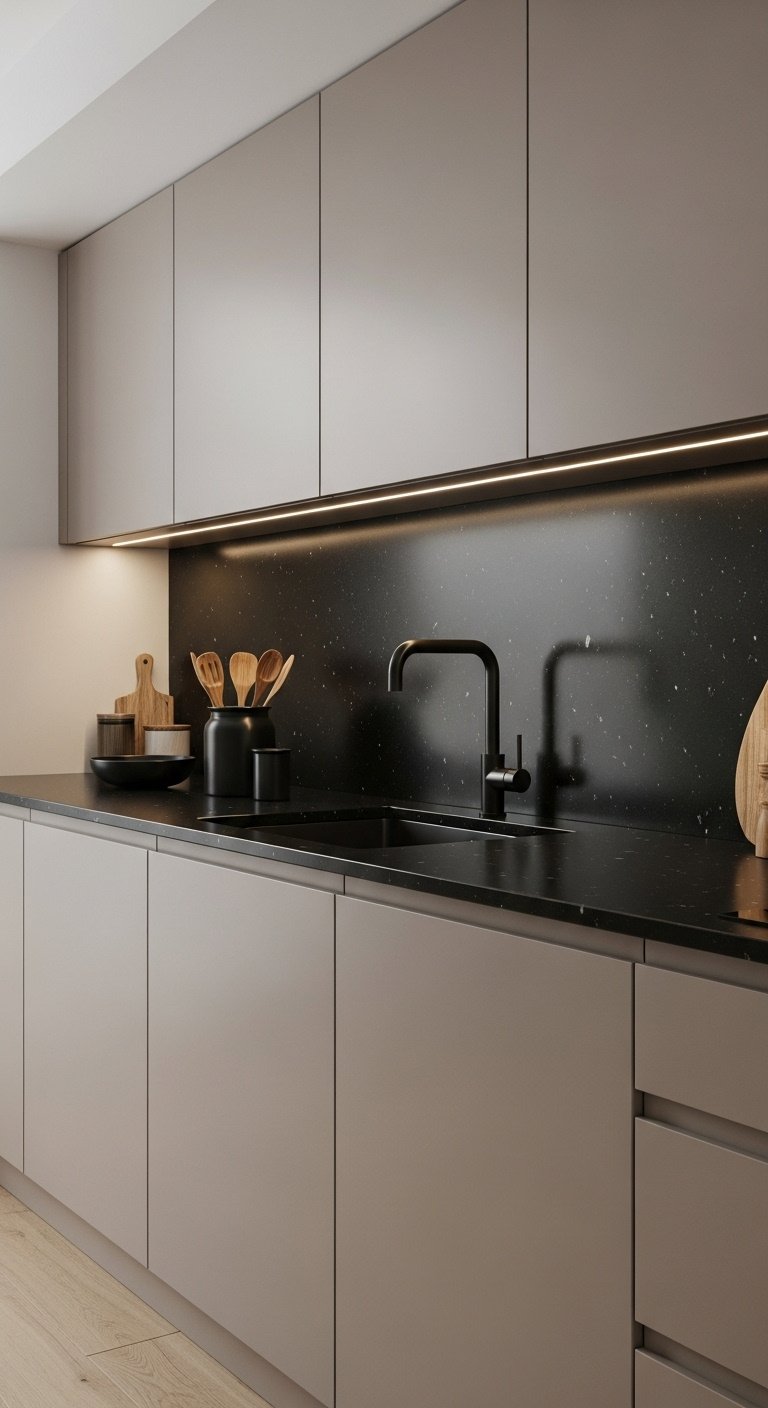 Modern medium taupe cabinets with solid black quartz countertop and matching black slab backsplash