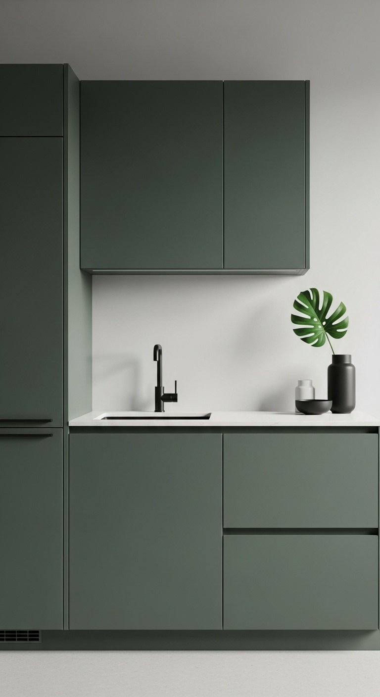 Modern minimalist dark green frameless kitchen cabinets with white quartz countertop light gray wall black vase green leaf