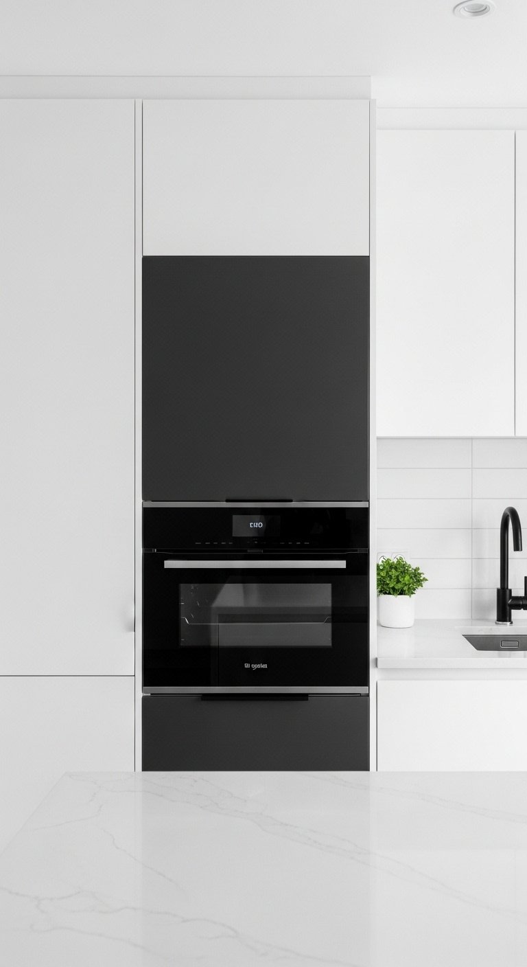 Modern minimalist white kitchen with sleek matte black refrigerator and oven brightened by a green succulent and black faucet