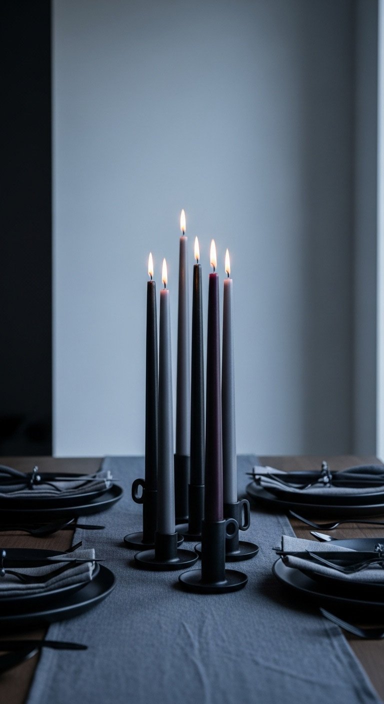 Modern moody minimalist Thanksgiving candlestick grouping with black charcoal gray and deep plum taper candles