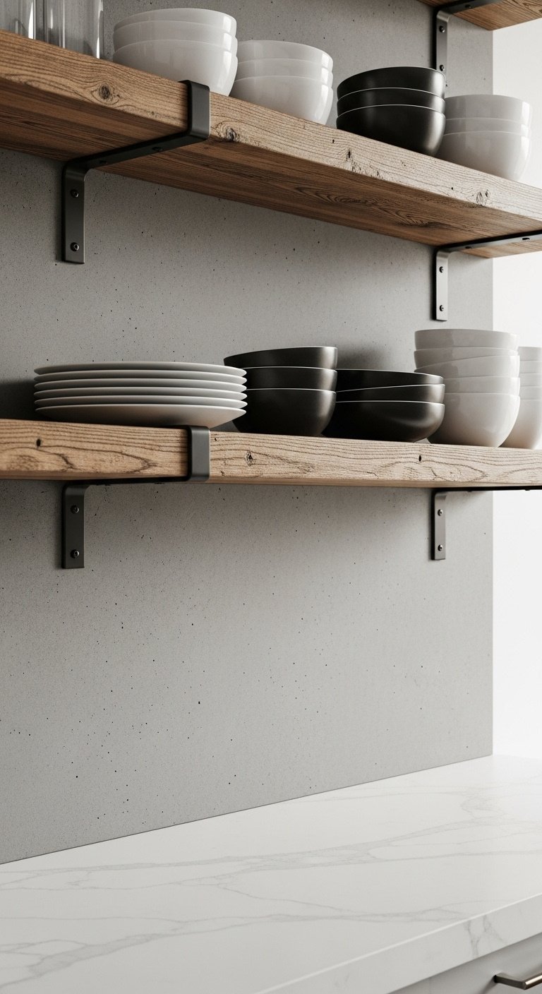 Modern rustic kitchen with a gray concrete backsplash reclaimed wood shelves and white quartz counter under studio light