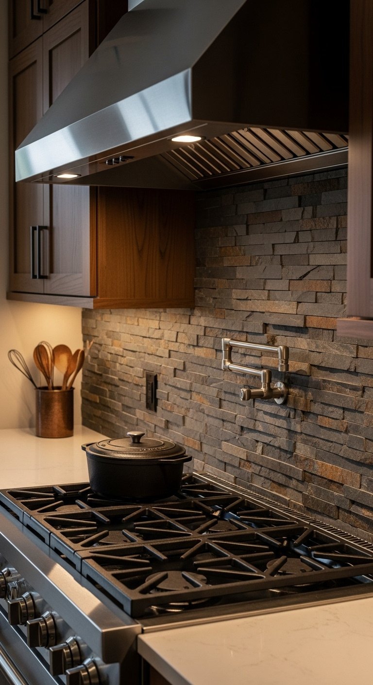Modern rustic kitchen with a natural stacked slate backsplash stainless steel range light quartz counter and dark wood cabinet