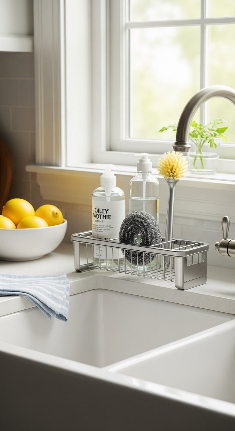 Modern stainless steel sink caddy holding soap scrubber and brush on a white farmhouse sink with lemons in a bright kitchen