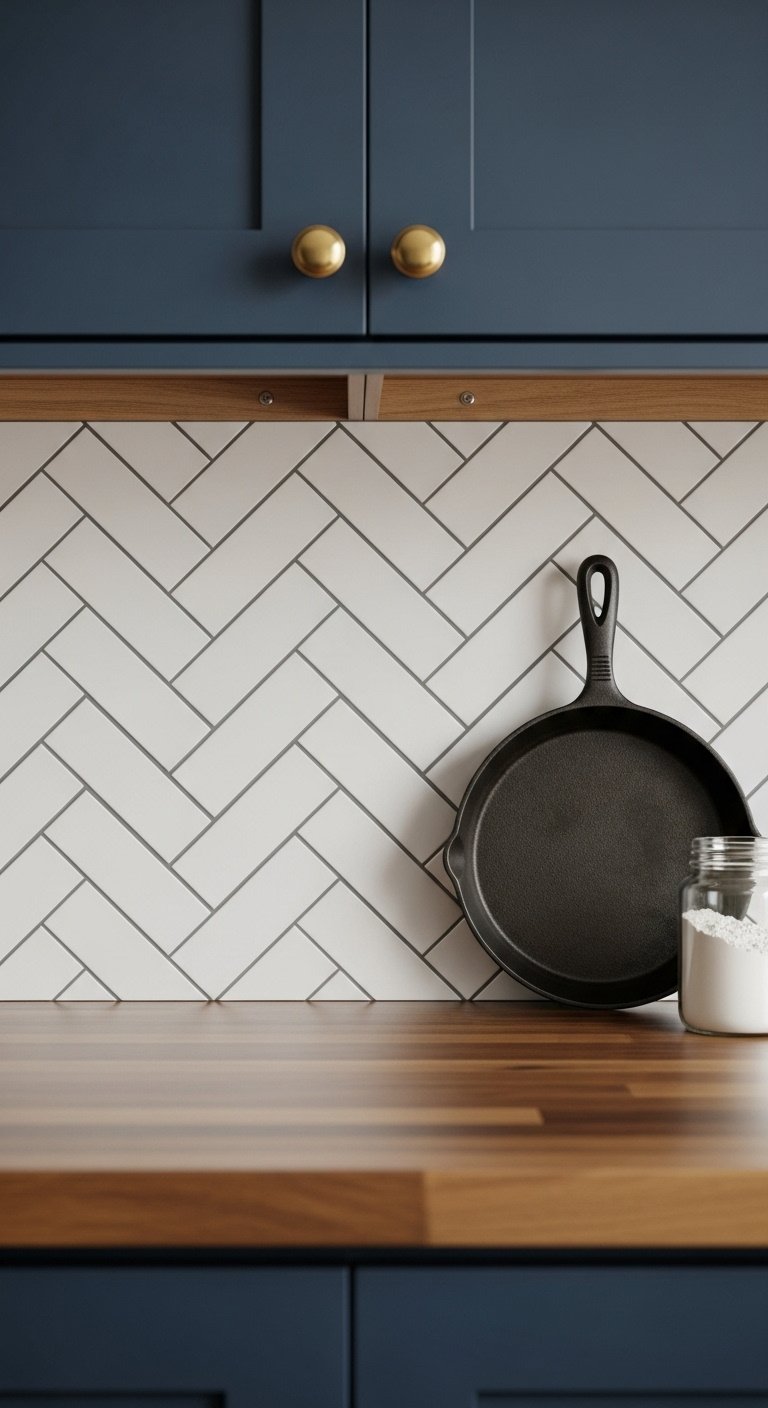 Modern subway tile backsplash white 3x6 herringbone pattern dark grey grout butcher block countertop navy blue shaker cabinet cast iron skillet flour jar