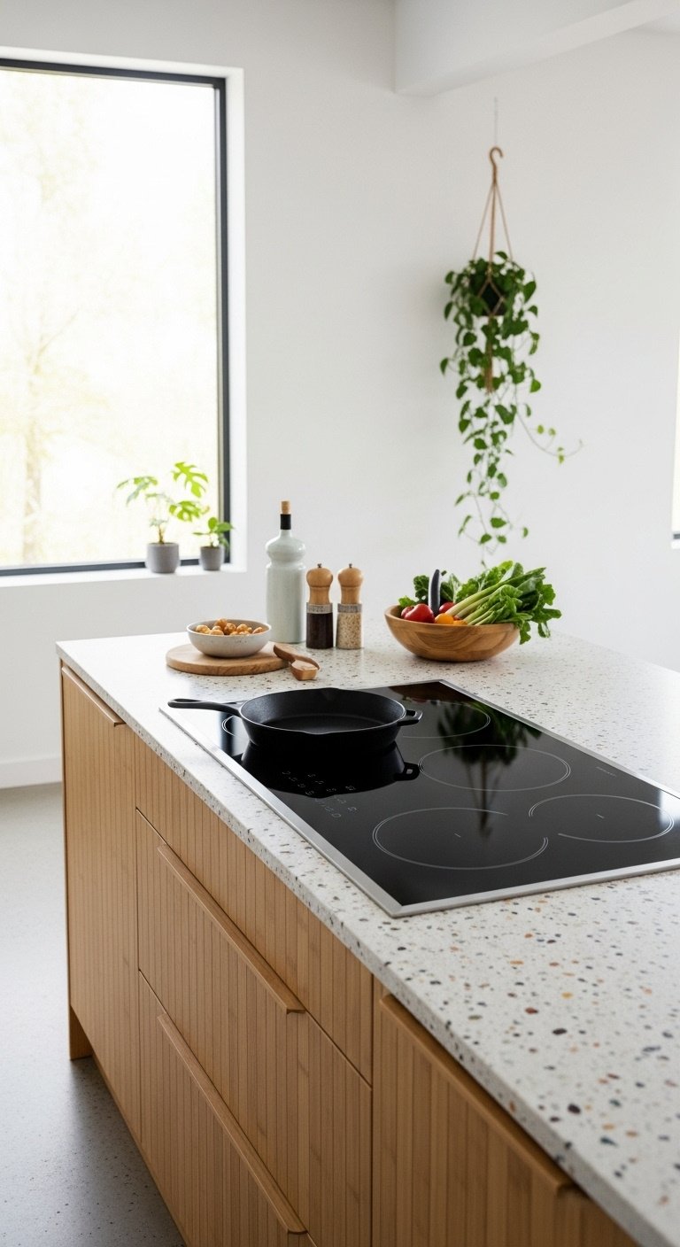 Modern sustainable kitchen with induction cooktop recycled glass countertop and bamboo cabinets under bright natural light
