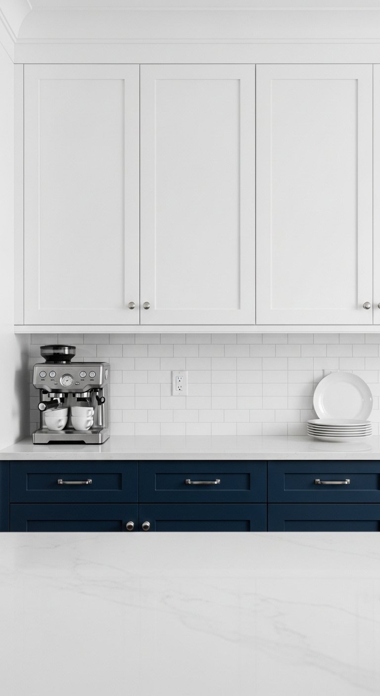 Modern two-tone kitchen with deep blue lower and white upper cabinets white quartz countertop and subway tile backsplash
