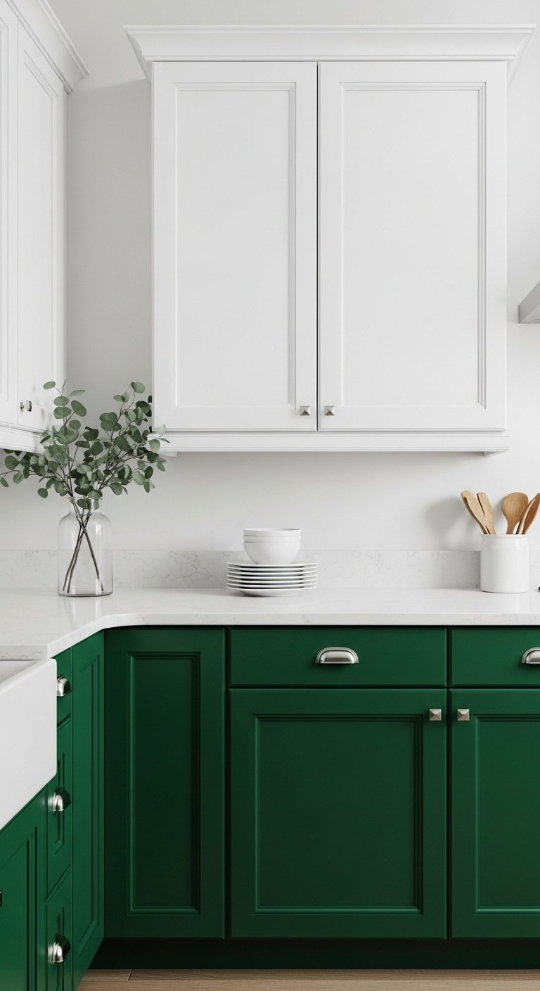 Modern two-tone kitchen with deep emerald green lower cabinets crisp white upper cabinets and white quartz countertop