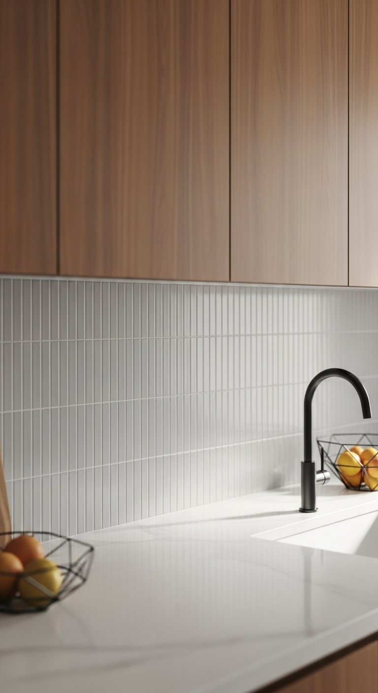 Modern vertical stack backsplash light gray ceramic tiles white quartz countertop flat panel walnut cabinets black faucet fruit bowl