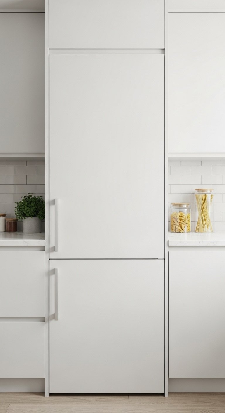Monochromatic all-white kitchen with sleek matte white refrigerator glossy white flat-panel cabinets green herb and pasta canister