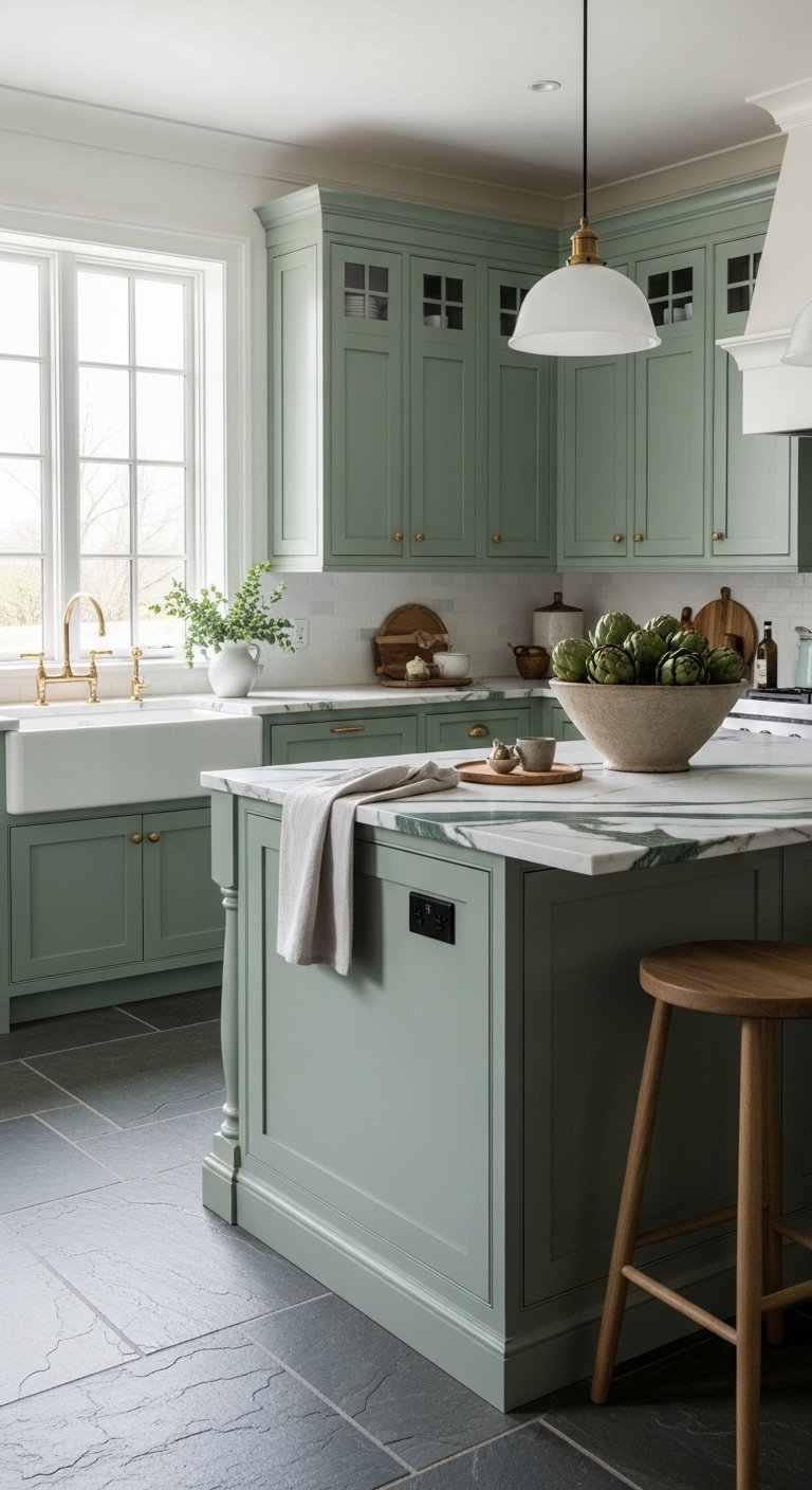 Monochromatic green kitchen with island and perimeter cabinets white marble countertop and slate tile flooring