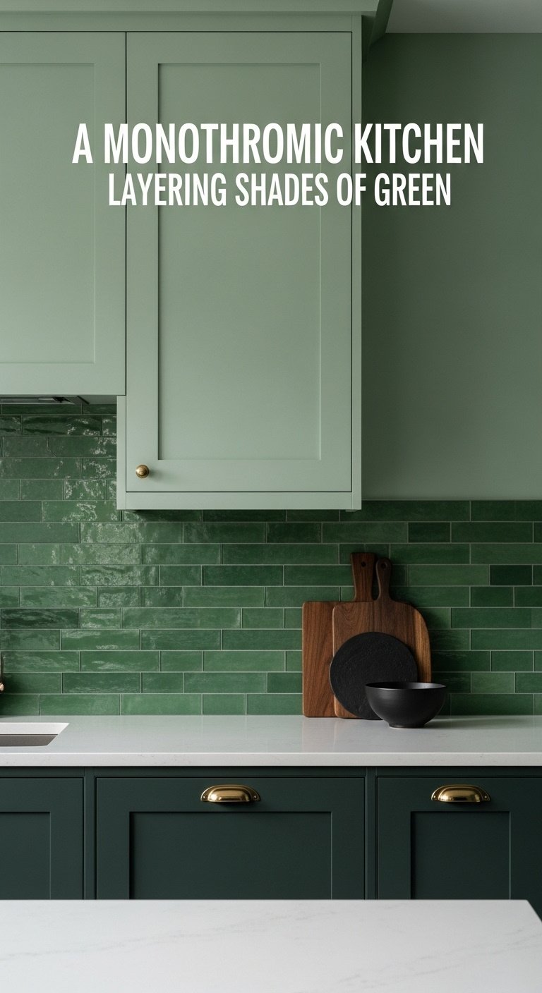 Monochromatic kitchen dark green cabinets lighter green walls glossy green tile backsplash white quartz dark wood cutting board black bowl