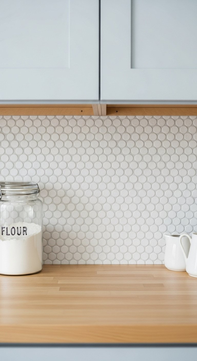 Monochromatic mosaic backsplash matte white penny round tiles light gray grout butcher block countertop light blue cabinets glass canister ceramic pitcher
