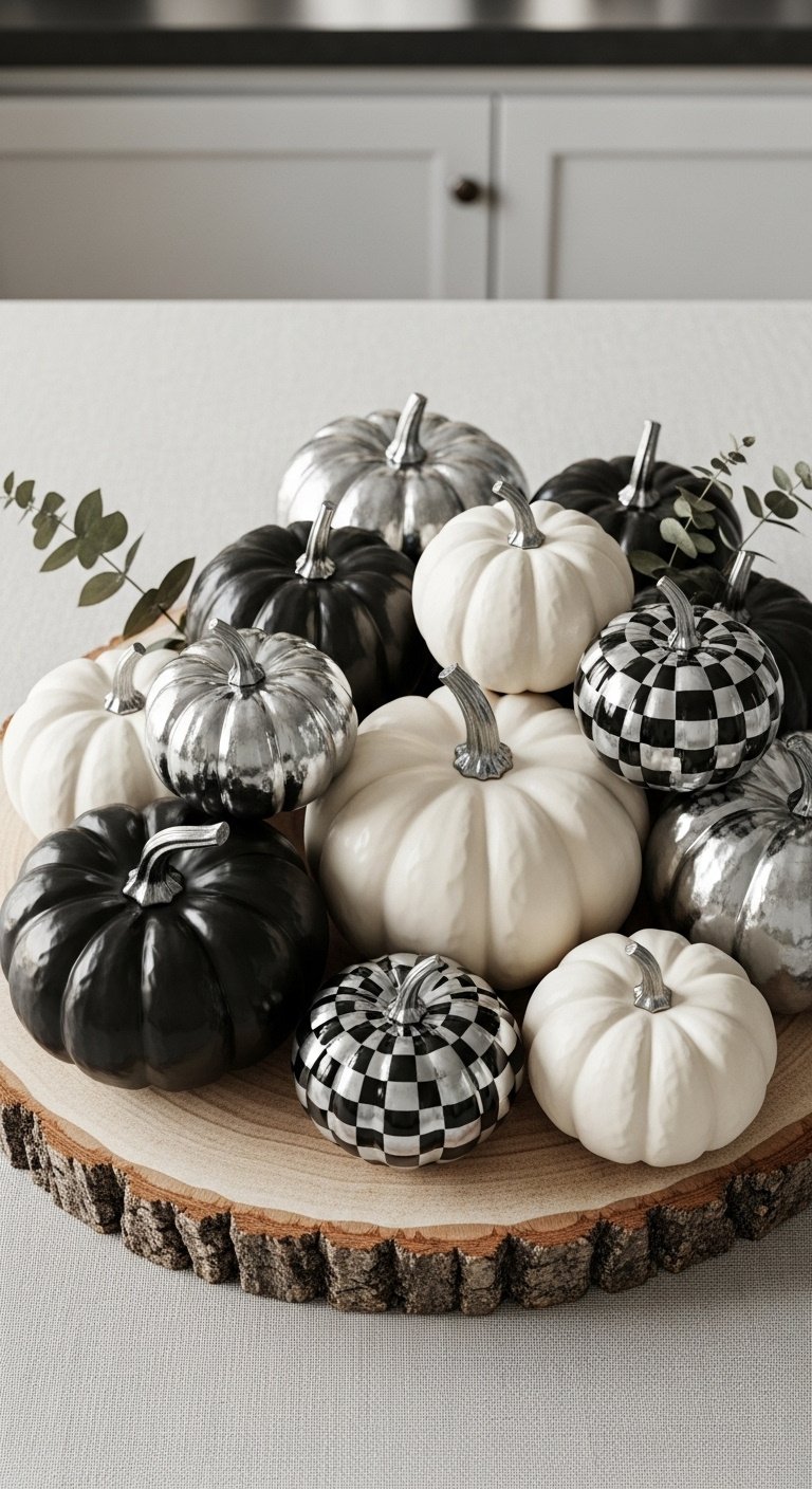 Monochrome pumpkins (matte black, glossy white, metallic silver, checkerboard) on a rustic wood slice with dried eucalyptus on a linen tablecloth