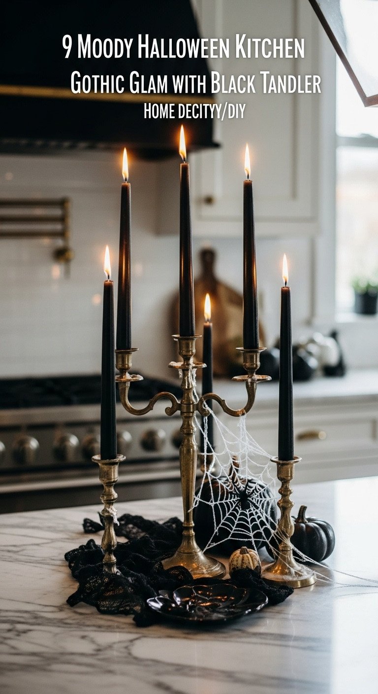 Moody Halloween kitchen with Gothic glam black taper candles in ornate candelabras on a marble island centerpiece