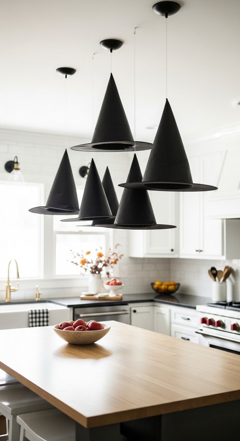 Moody Halloween kitchen with a coven of black witch hats floating magically above a wooden island creating a whimsical display