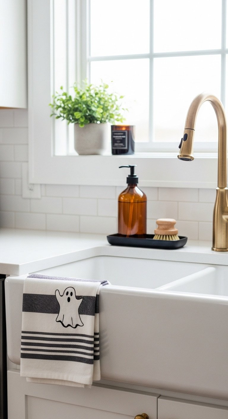 Moody Halloween kitchen with a haunted glam sink area featuring a striped ghost hand towel and amber glass soap dispenser