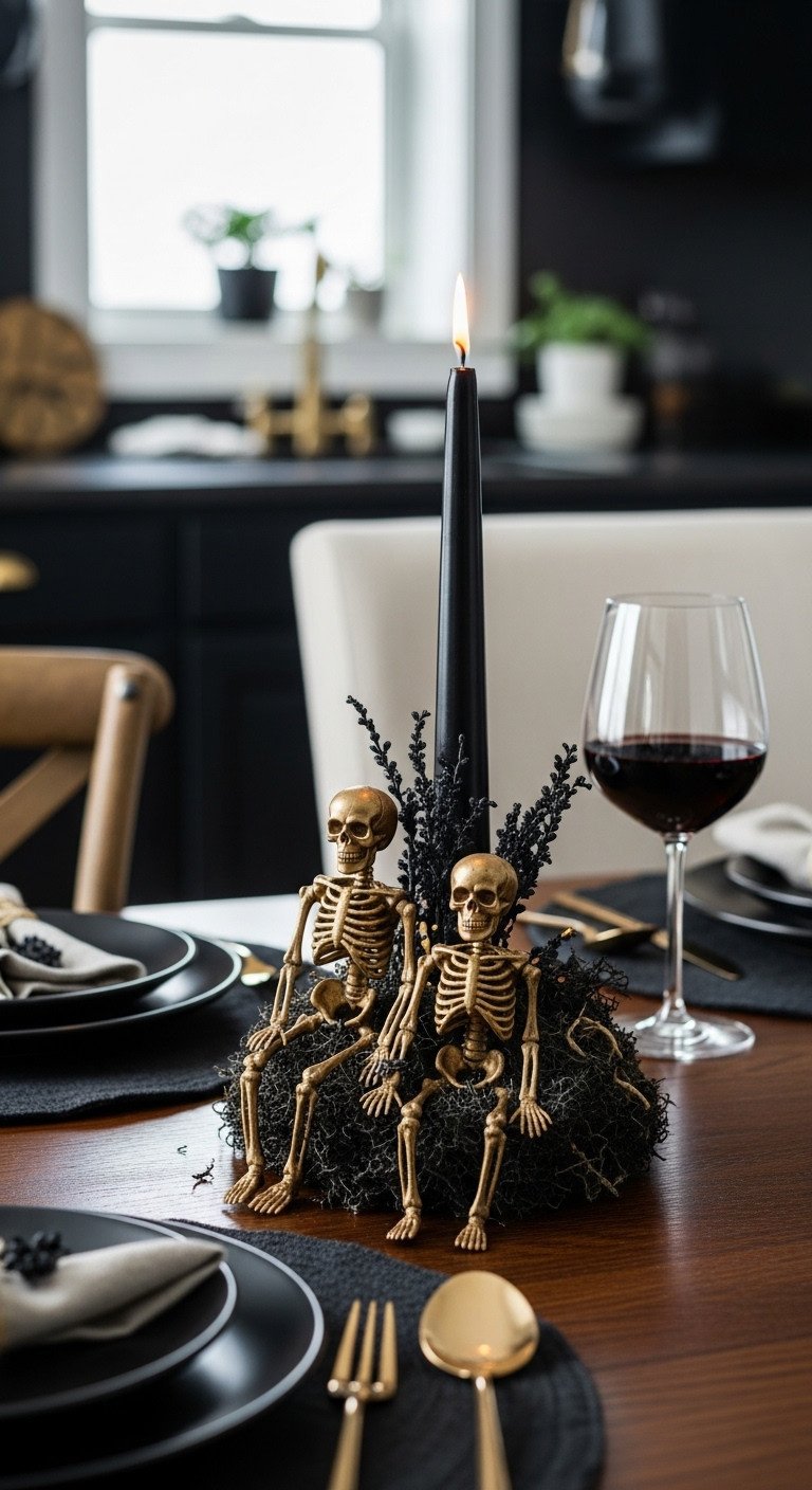 Moody Halloween kitchen with a luxurious centerpiece of gilded ghoul skeletons black moss and a tall black candle on a dining table