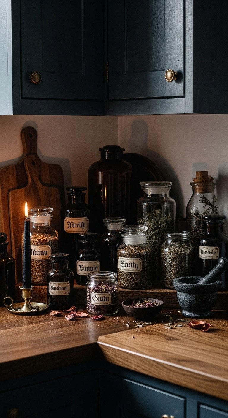 Moody Halloween kitchen with a modern witch's apothecary nook featuring glass jars herbs and dark liquids on a countertop