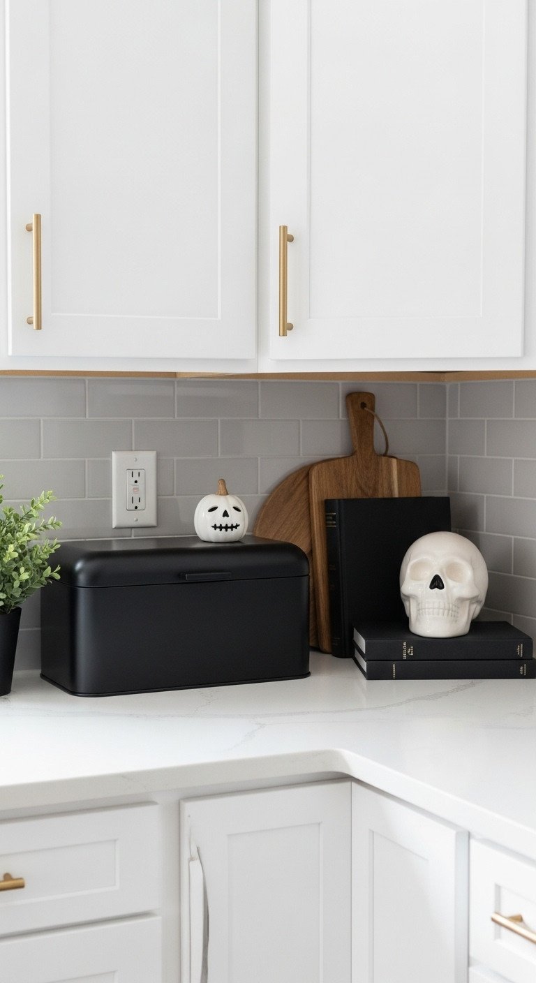 Moody Halloween kitchen with a monochrome macabre counter vignette featuring a black bread box white skull and black cookbooks