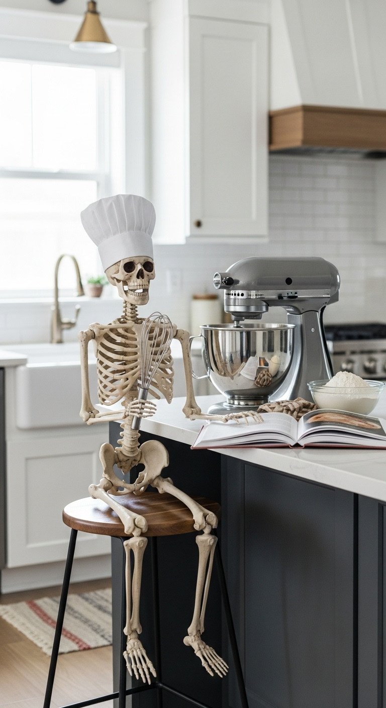 Moody Halloween kitchen with a skeleton sous-chef wearing a chef's hat and holding a whisk perched on a kitchen stool