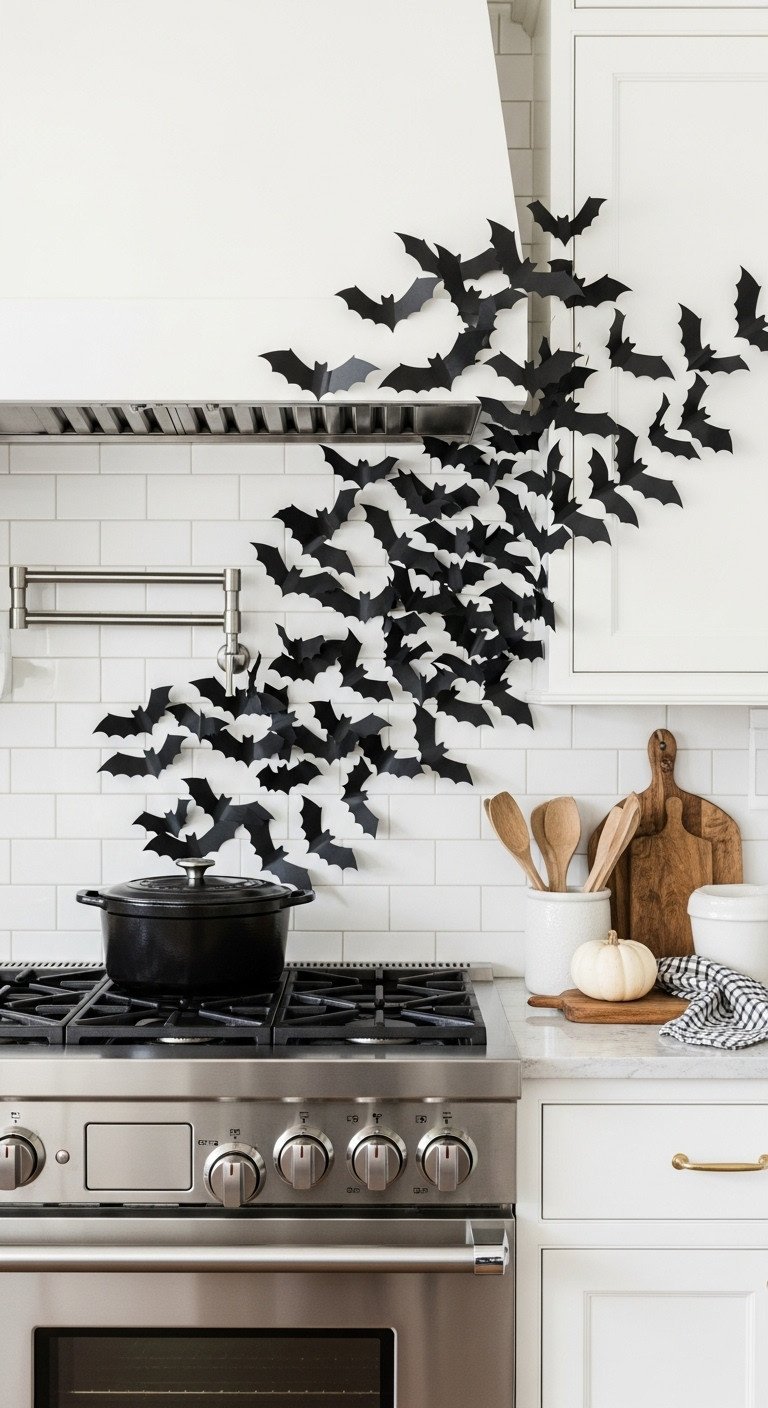 Moody Halloween kitchen with a swarm of eerie 3D paper bats flying across a white tiled backsplash above a stove