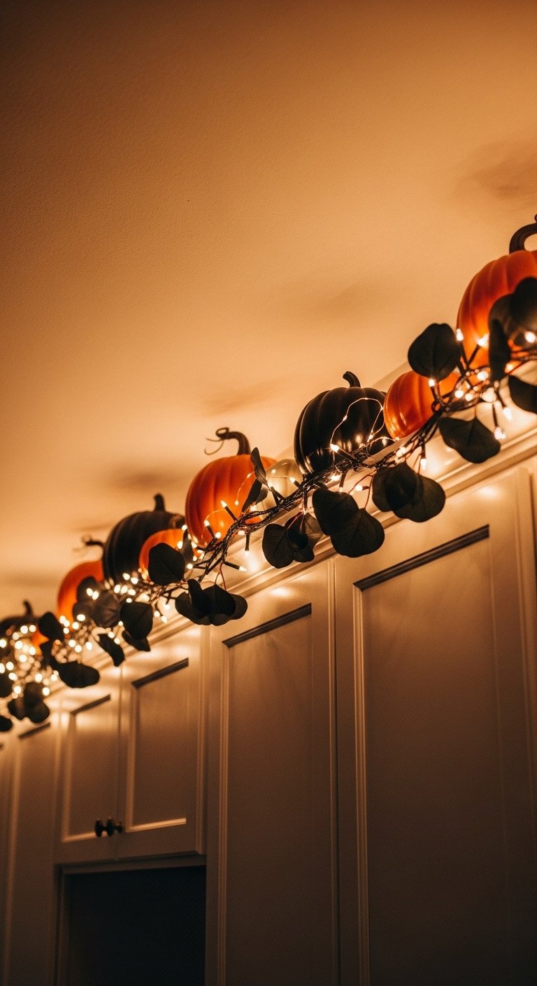 Moody Halloween kitchen with an enchanted glow from warm white fairy lights woven through faux pumpkins and dark foliage atop cabinets