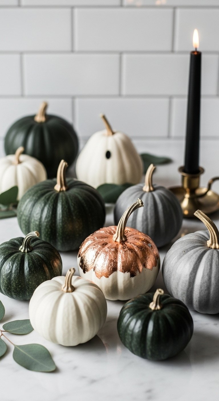 Moody green, white, and gray pumpkins with copper leaf on a marble counter with eucalyptus and a black candle