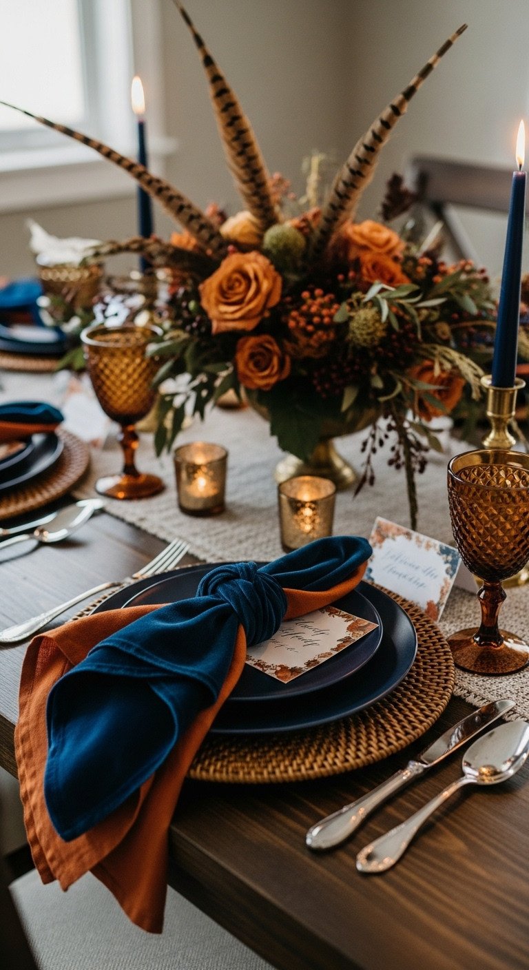 Moody navy and rust Thanksgiving table setting with blue velvet and rust linen napkins rattan chargers and heirloom silver cutlery